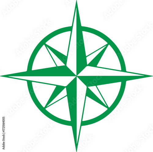 Green Compass Rose Symbol Isolated on White Background, Navigation and Direction Icon