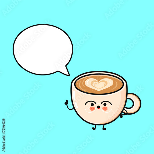 Cute coffee cup character holding speech bubble