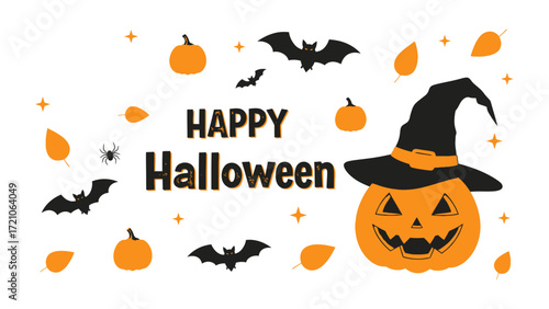 Halloween Festive Elements: A whimsical Halloween-themed illustration features a jack-o'-lantern wearing a witch's hat, surrounded by bats, pumpkins, and autumn leaves.