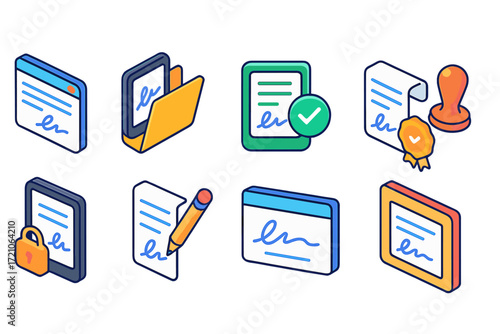 Document approval icon set. contract, signature outline icons for digital workflows.