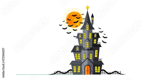 Haunted House in Moonlight: A spooky haunted house, silhouetted against a full moon and a swarm of bats. It is a digitally drawn illustration, exuding a classic, Halloween charm.
