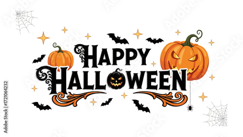 Happy Halloween Wishes: A festive Halloween illustration with pumpkins, bats, and a spooky typeface, perfect for spreading the Halloween spirit.