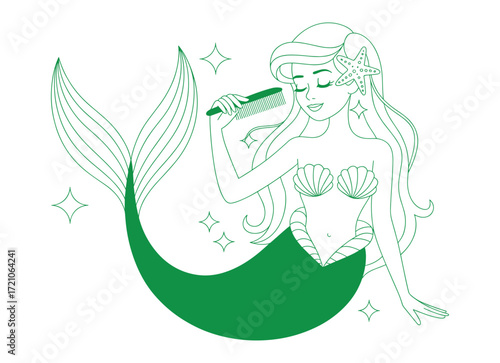 Delightful line art portrayal of a mythical ocean dweller singing with a comb, capturing a moment of playful musical expression