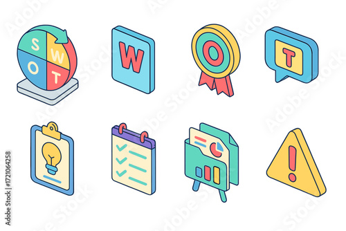 Business strategy 3d icon set. swot analysis, planning, alert symbols collection