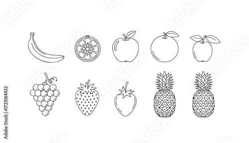 Outlined illustration of various fruits, including banana, apple, orange, grapes, and pineapple.