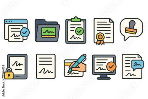 Document management flat icon set. file, digital signature, approval icons collection