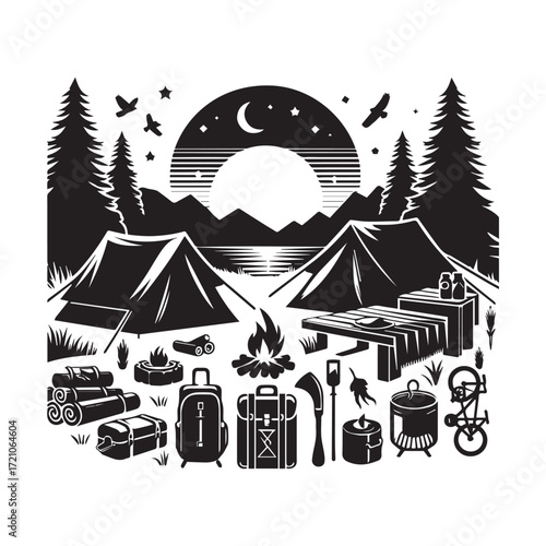 Camping scene with tents campfire picnic table and gear under a starry night sky and moon vector