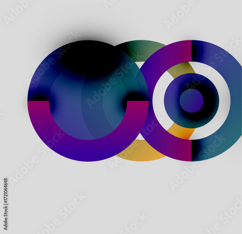 Abstract design features overlapping colorful circles. Gradient hues create dynamic visual effect. Minimalist composition, modern aesthetic.