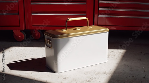 A white metal canister, rectangular with a gold top and handle, sits near red toolboxes on a concrete floor.  Strong shadows are present.  This 3D rendering is a branding mockup.
 