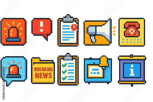 Alert, notification pixel icon set. alarm, message icons in pixel art style