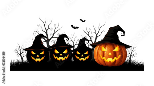 Halloween Night Display: A group of carved pumpkins with glowing eyes and adorned with witch hats sit, amidst a dark, eerie scene featuring silhouetted trees and bats.