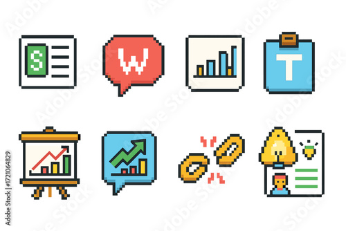 Business and finance pixel icon set. analytics, data, and chart pixel art collection