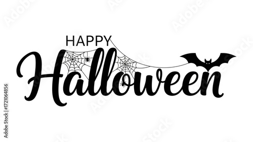 Happy Halloween: A festive holiday greeting, the essence of spooky celebrations. The word Happy Halloween floats with a joyful ambiance, with an emphasis on the playful spider web and bat motifs.