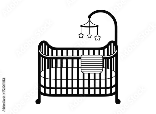 Black and white illustration of a baby crib with a mobile and blanket