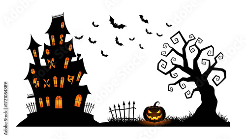 Spooky Halloween Scene: A chilling Halloween scene, showcasing a haunted house, pumpkin, bare tree, and bats against a dark night sky, evoking a sense of dread and festive fright.