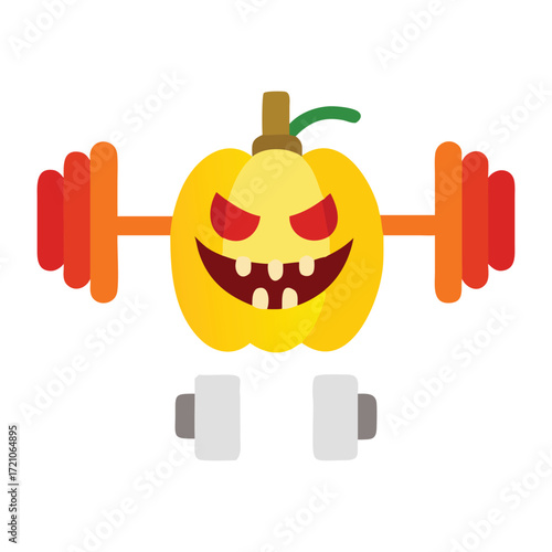 Spooky halloween jack o lantern pumpkin character lifting weights and dumbbells symbolizing fitness and healthy lifestyle during autumn season