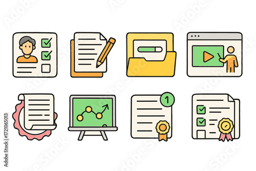 Education and training flat icon set. e-learning, certification, study symbols.
