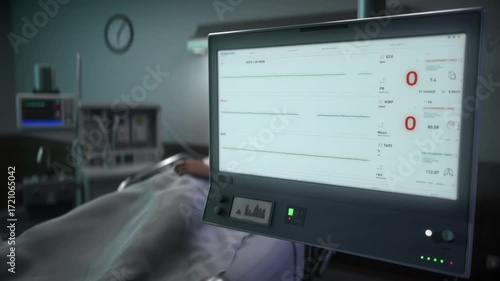Wallpaper Mural Electronic device is monitoring the patients heartbeat. Electronic device shows a rapid decline of the patients heartbeat. Electronic device detects no heartbeat from a sick person. Flatline. Death. Torontodigital.ca