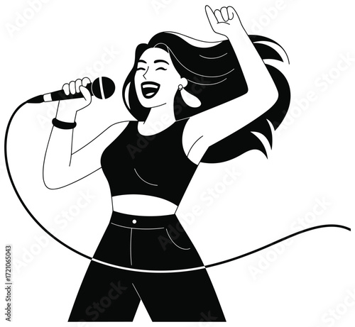 Passionate female singer performing a song, a black and white line art vector illustration