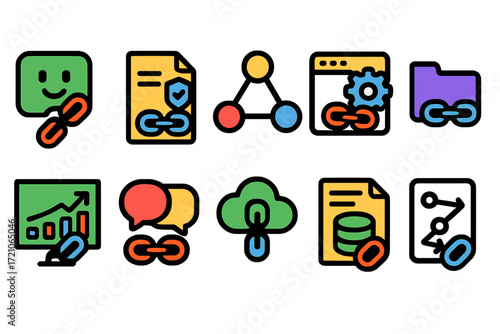 Business, communication flat icon set. networking, link, data visualization icons included.
