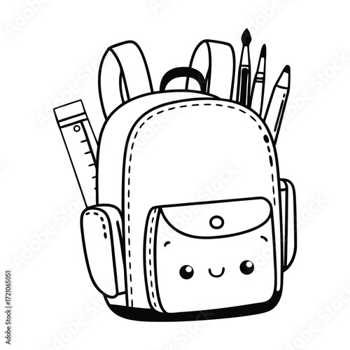 A charming hand drawn black and white illustration of a cute happy backpack filled with school supplies like pencils brushes and a ruler