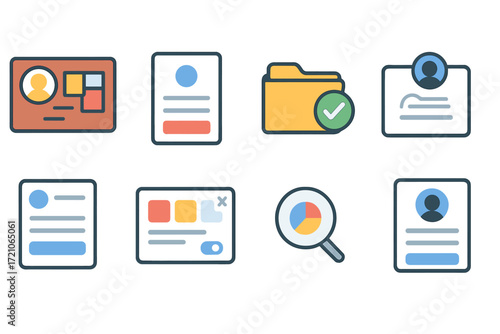 Profile and identification flat icon set. user, id, folder, document icons collection
