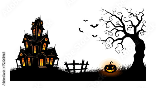 Spooky Halloween Scene: A spooky and atmospheric Halloween illustration with a haunted house silhouetted against a dusky sky. A gnarled tree and grinning pumpkin complete the ominous scene.
