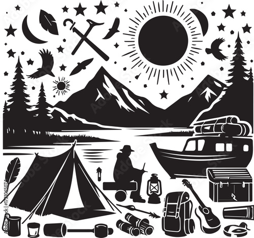 Collection of camping and outdoor adventure elements in silhouette including a tent, boat, mountains, sun, moon, stars, and various gear