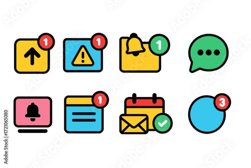 Notification and alert flat icon set: message, warning, bell, reminder symbols