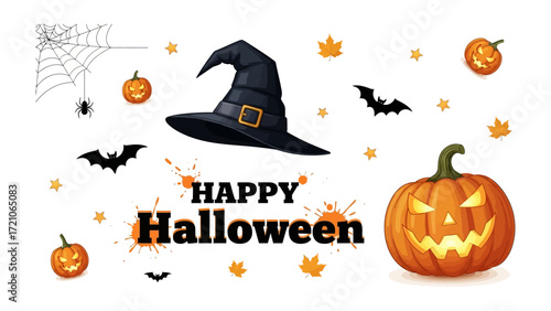 Halloween's Whimsical Night: A charming Halloween tableau, featuring a grinning pumpkin, witch's hat, playful bats, spider and web, evokes a festive atmosphere for a magical autumn night.