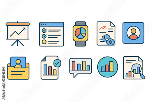 Business and analytics outline icon set for reports and presentations