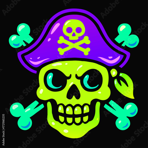 Colorful Pirate Skeleton Head with Eye Patch Vector Art