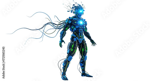 Futuristic cyborg with glowing blue circuits and cables, envisioning the digital frontier of technology and artificial intelligence, representing innovation