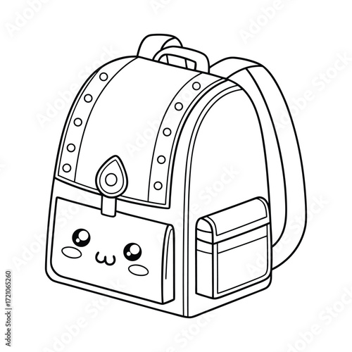 Cute kawaii style backpack with adorable face and straps for school or travel adventures isolated on white background hand drawn illustration