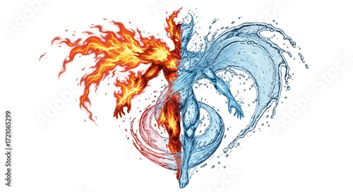 Dynamic illustration of fire and water elemental figure symbolizing balance, power, and opposition on a clean white backdrop for creative design projects