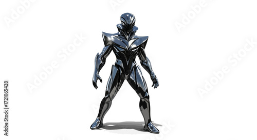 Dynamic chrome robot stands ready for action in this striking futuristic design, embodying power and technological advancement for cutting-edge projects