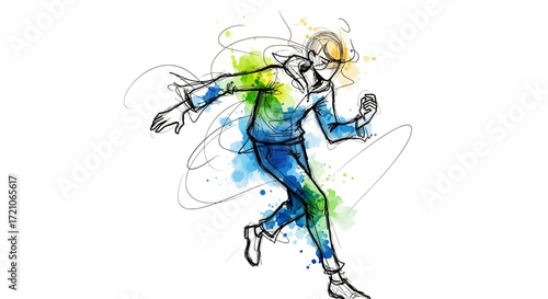 Dynamic watercolor sketch of a person running with vibrant energy, perfect for illustrating progress, motion, ambition, and overcoming challenges