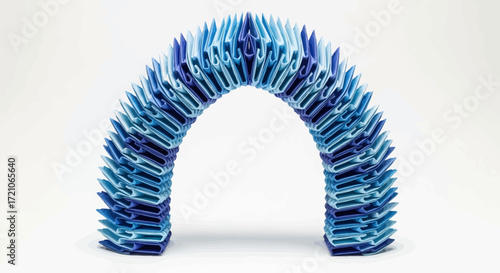 Abstract blue origami art installation forming a captivating archway, perfect for creative backgrounds and unique design projects with a modern, artistic flair