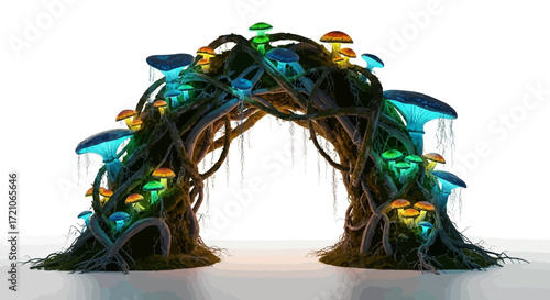 Enchanting mushroom portal beckons you to a magical forest realm, glowing with vibrant bioluminescence and inviting adventure into a fantasy world