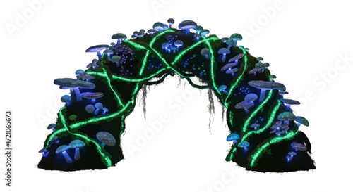 Enchanted mushroom arch glowing with vibrant green neon, perfect for fantasy backdrops, whimsical designs, or magical event themes, captivating story appeal