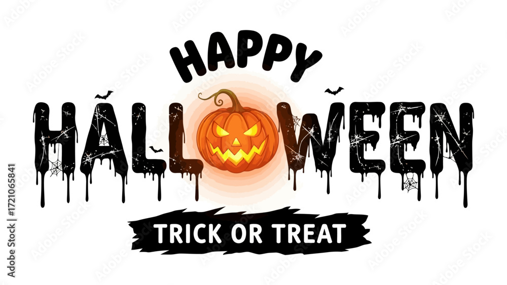 Fototapeta premium Halloween Celebration with Pumpkin Lantern: A vibrant Halloween design features a glowing pumpkin lantern, with the words Happy Halloween and Trick or Treat incorporated in a spooky celebration.