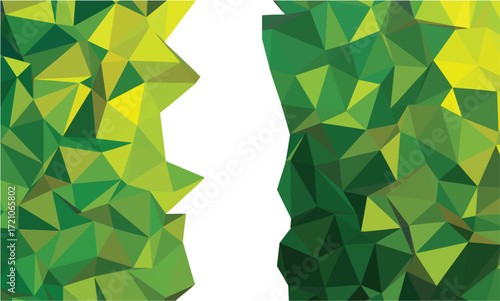 Polygonal mosaic displays light and dark green geometric shapes flanking negative space, transparent background