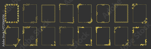 Decorative gold corner frames set. Vintage ornamental borders and elegant design elements for wedding or invitation. Vector collection