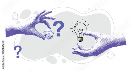 Conceptual illustration of problem-solving, showing a hand with crumpled paper and another with a bright idea lightbulb.
