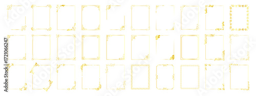 Decorative gold corner frames set. Vintage ornamental borders and elegant design elements for wedding or invitation. Vector collection on transparent background