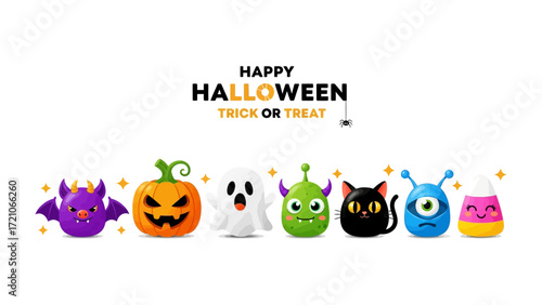 Halloween Characters Gathering: A lively gathering of charming cartoon characters celebrating Halloween. Each character, from a spooky ghost to a mischievous cat.