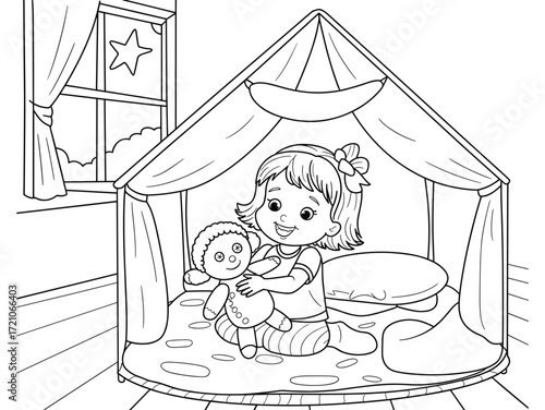 A charming black and white line art illustration of a girl in a play tent with her doll