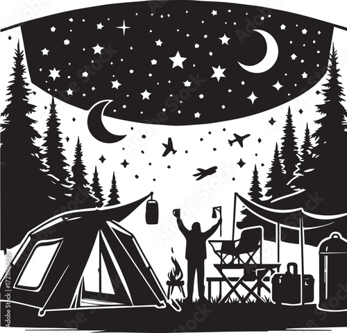 Nighttime camping scene silhouette with a tent, campfire, people, and a starry sky with crescent moons and airplanes