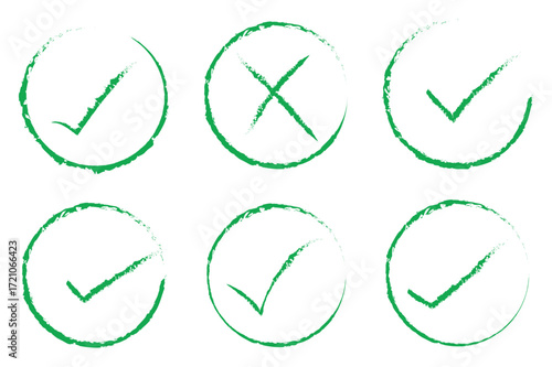 Six green checkmarks and one x mark are featured against a transparent background