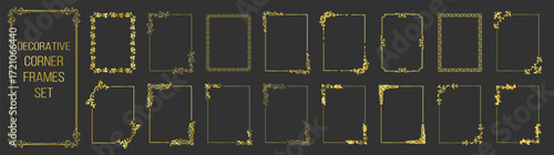 Decorative gold corner frames set. Vintage ornamental borders and elegant design elements for wedding or invitation. Vector collection